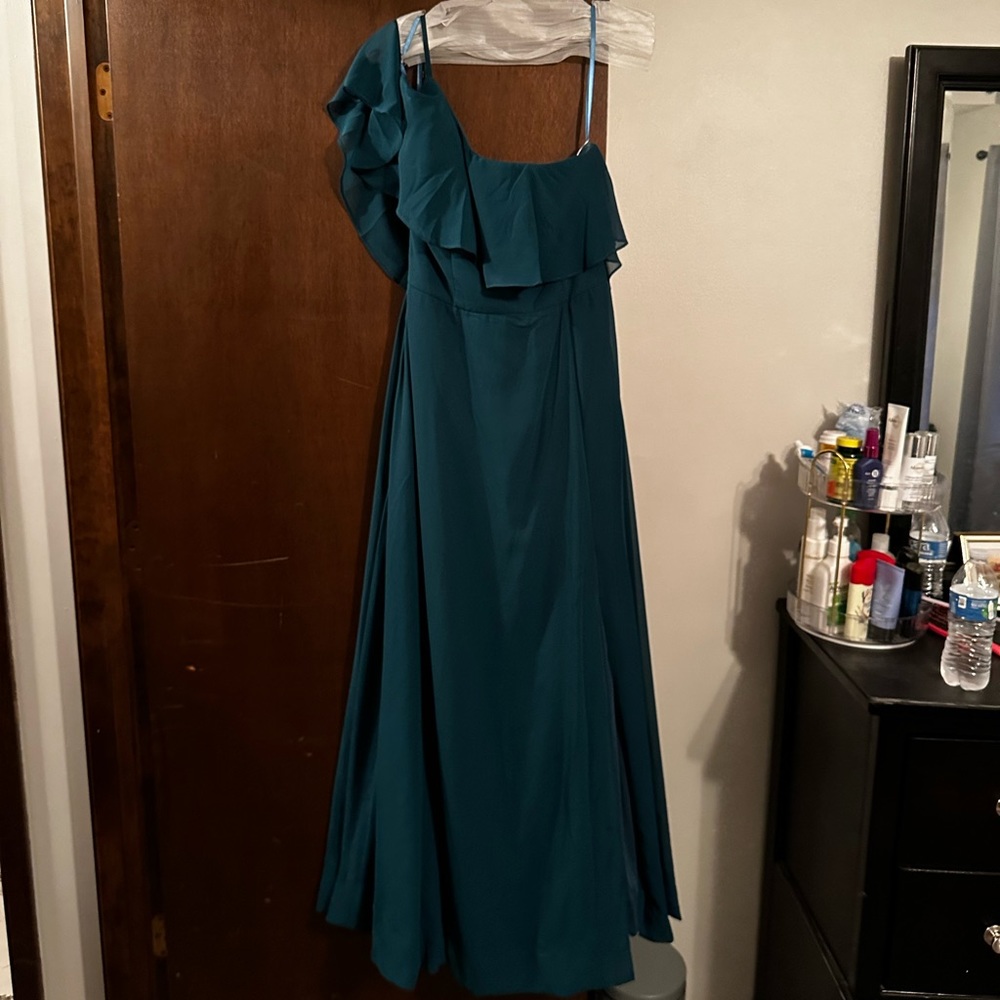 Teal one shoulder bridesmaids dress